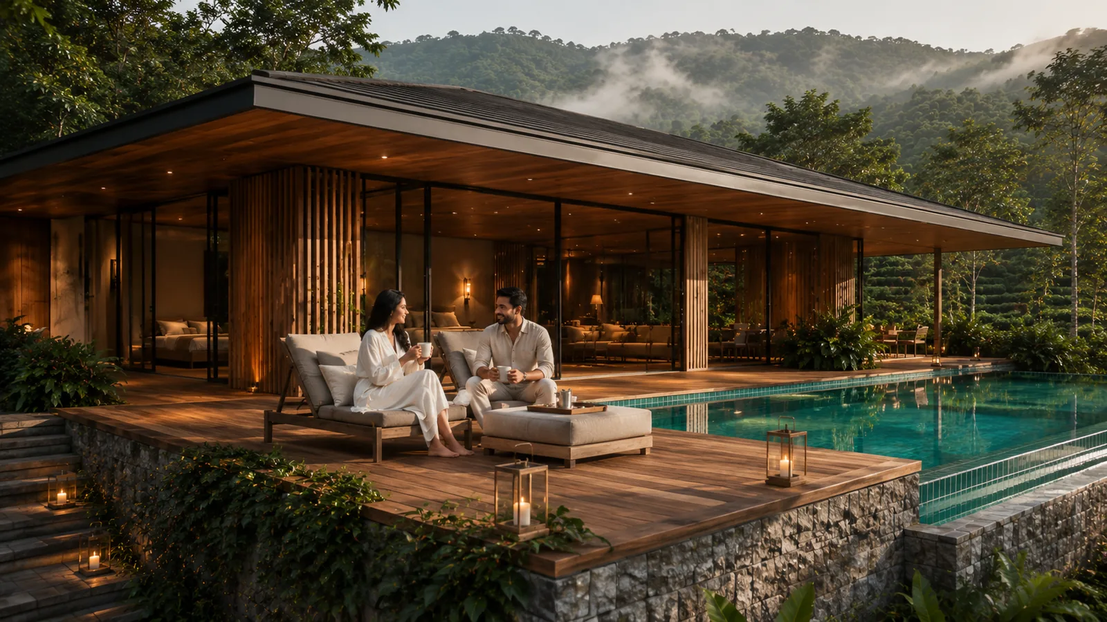 Couple enjoying morning coffee on the 1BHK villa deck overlooking the pool
