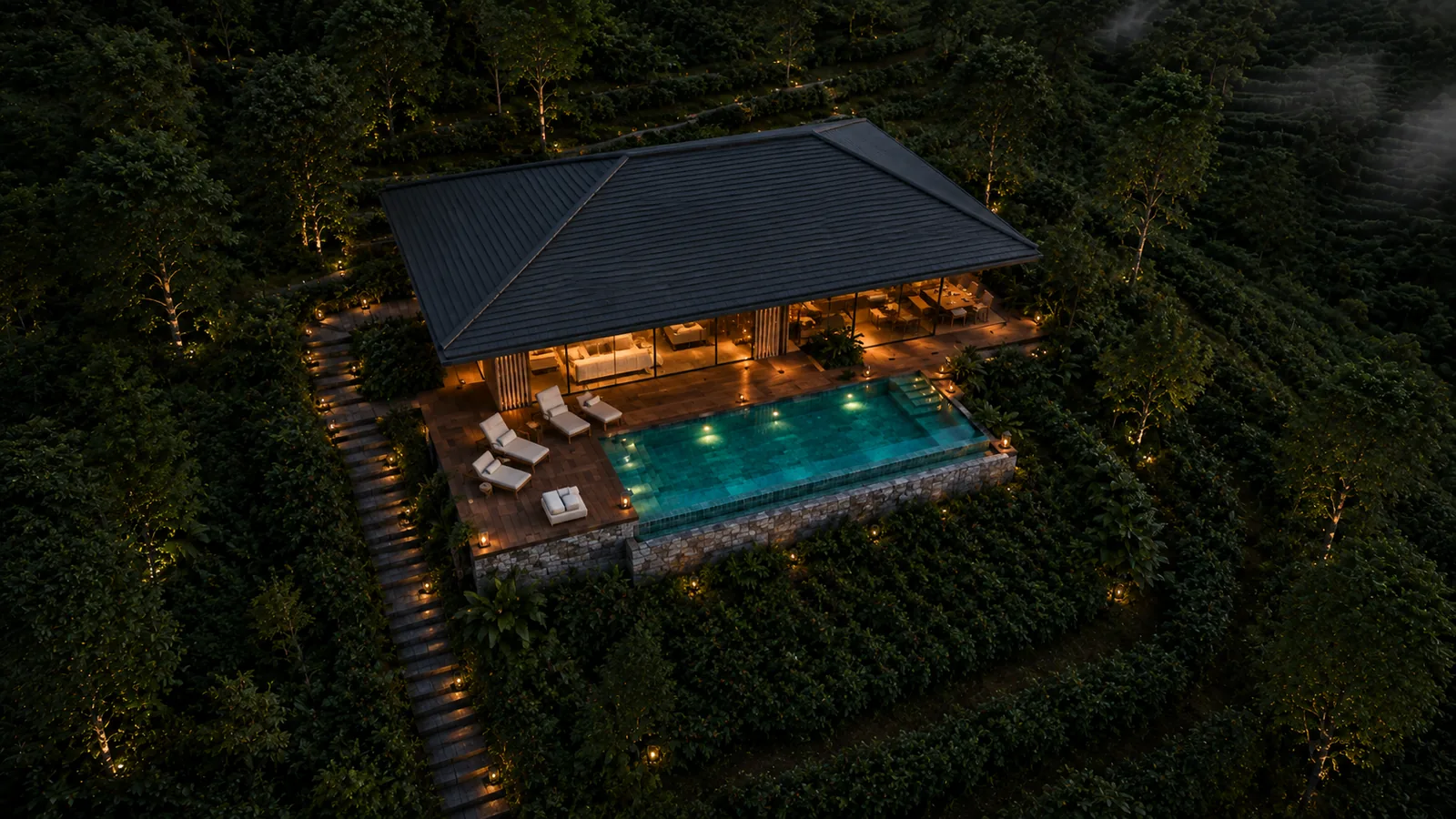 Aerial view of a Hillsong Reserve villa amid the coffee estate