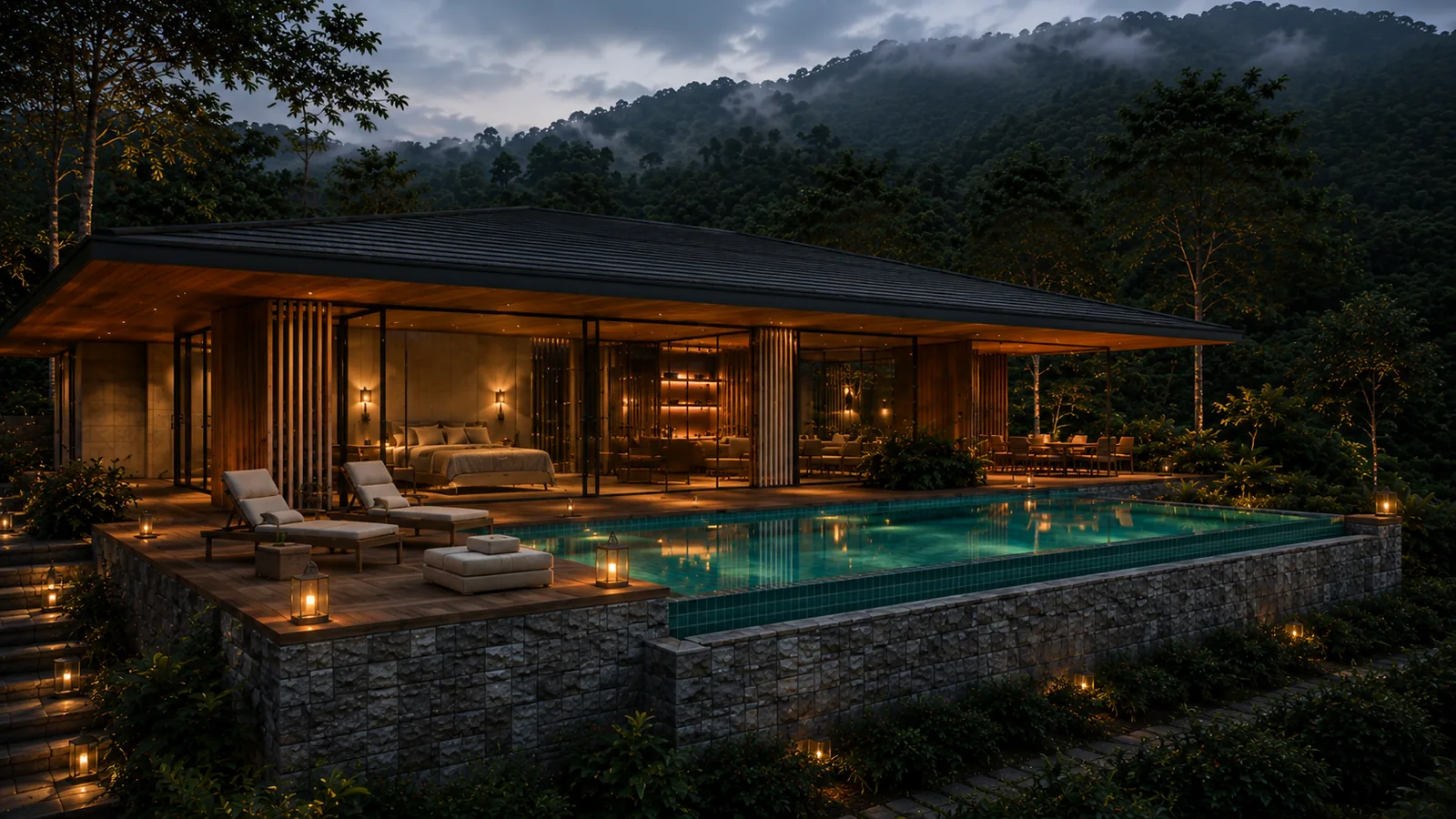 Hillsong Reserve villa at dusk, pool and lounge under tapered roof