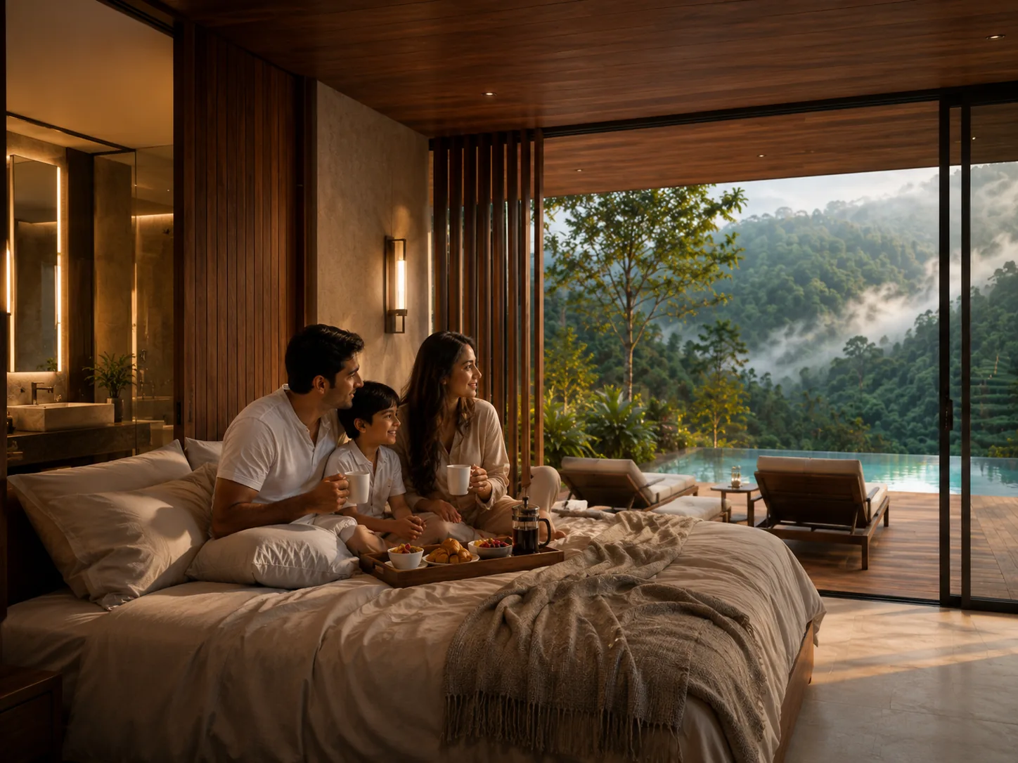 Family enjoying a breakfast in bed inside the 2BHK Signature villa, overlooking the valley