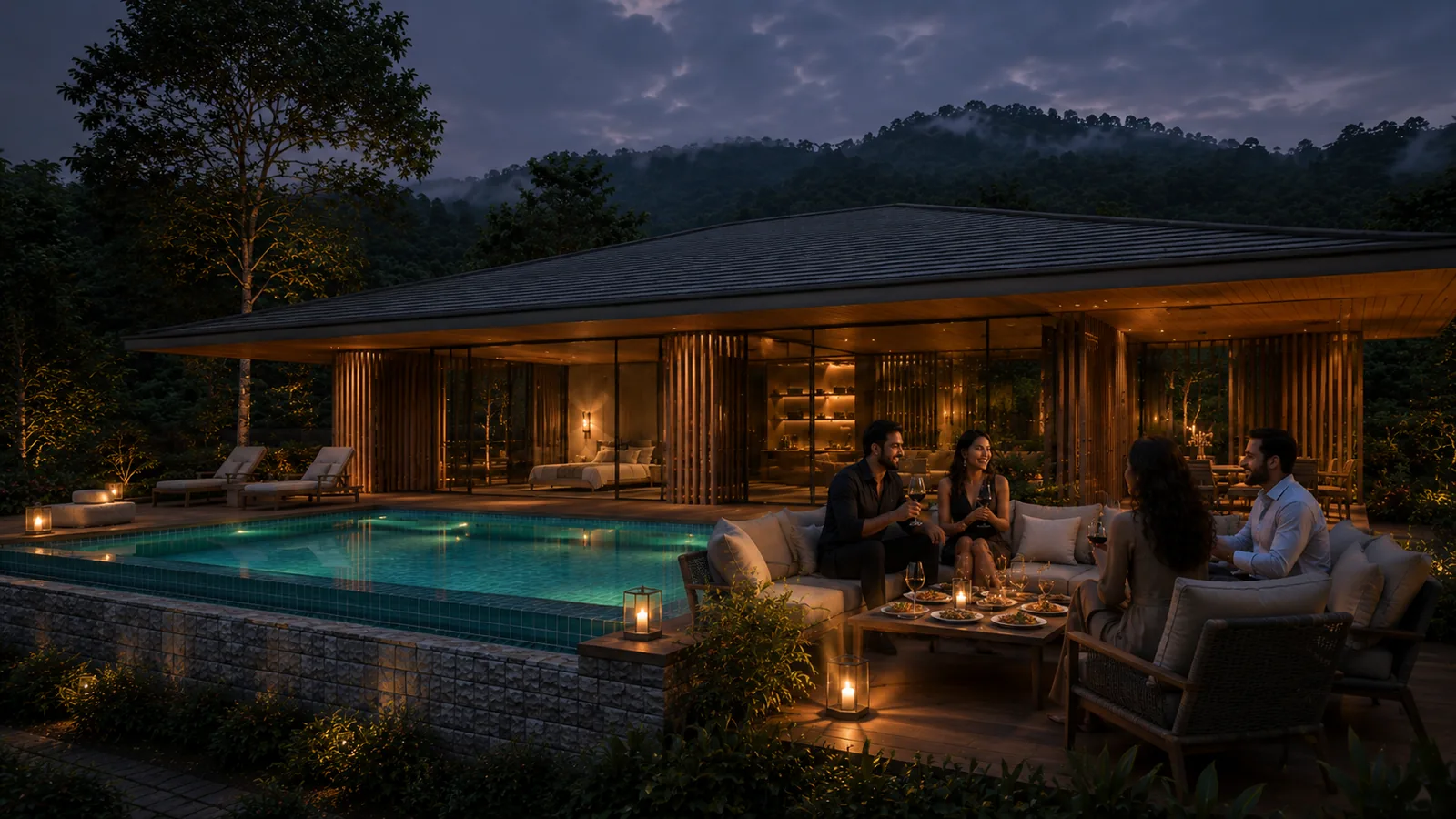 Friends gathered around firepit and pool at dusk on the villa deck