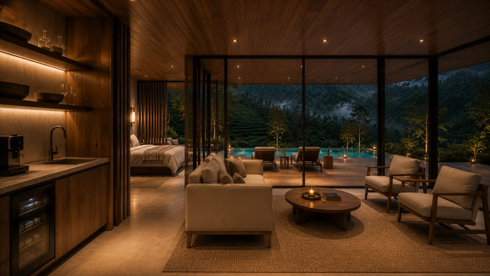 Villa interior at dusk — timber ceiling, full-height glass, valley view