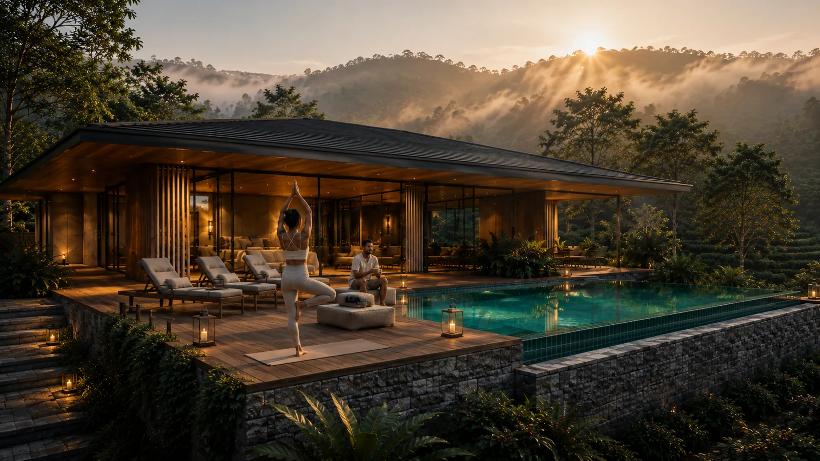 Sunrise yoga on the villa deck with valley mist and warm light through the Western Ghats